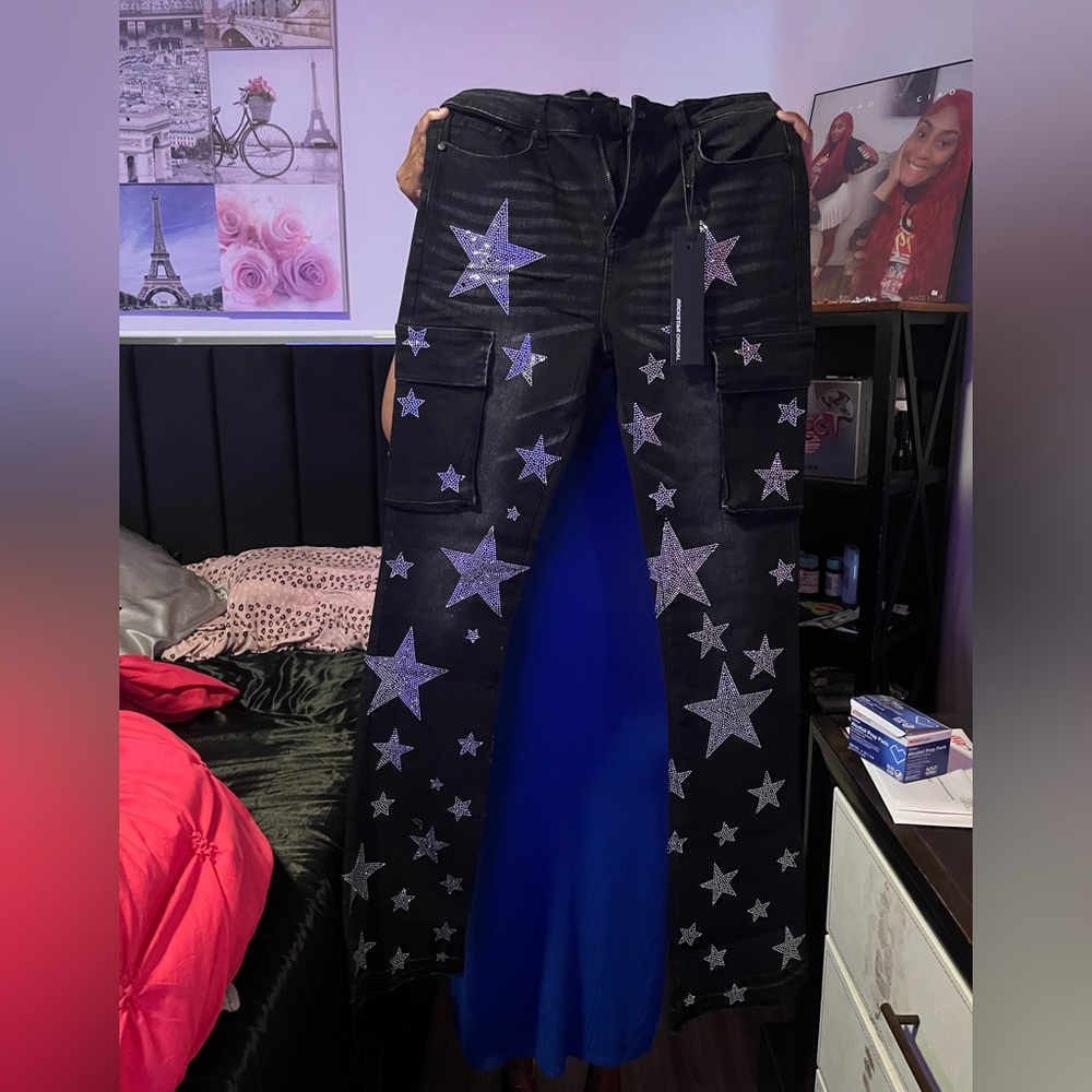 Rockstar original Black Cargo Jeans with Star Print
